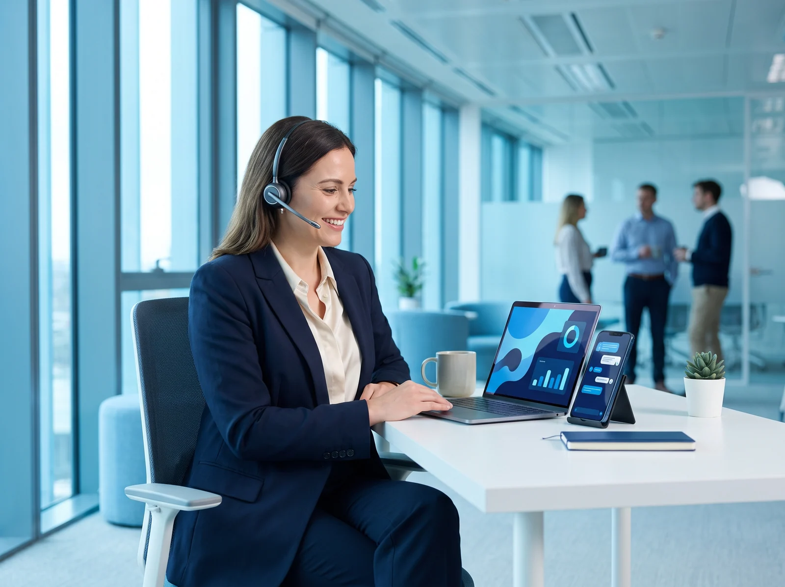 Atendente de headset em um escritório moderno, com notebook e celular mostrando conversas de atendimento organizadas