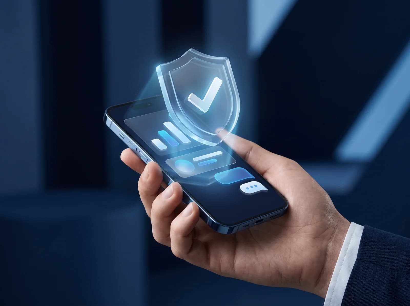 Mão segurando um celular com um escudo de segurança com marca de verificação flutuando sobre a tela